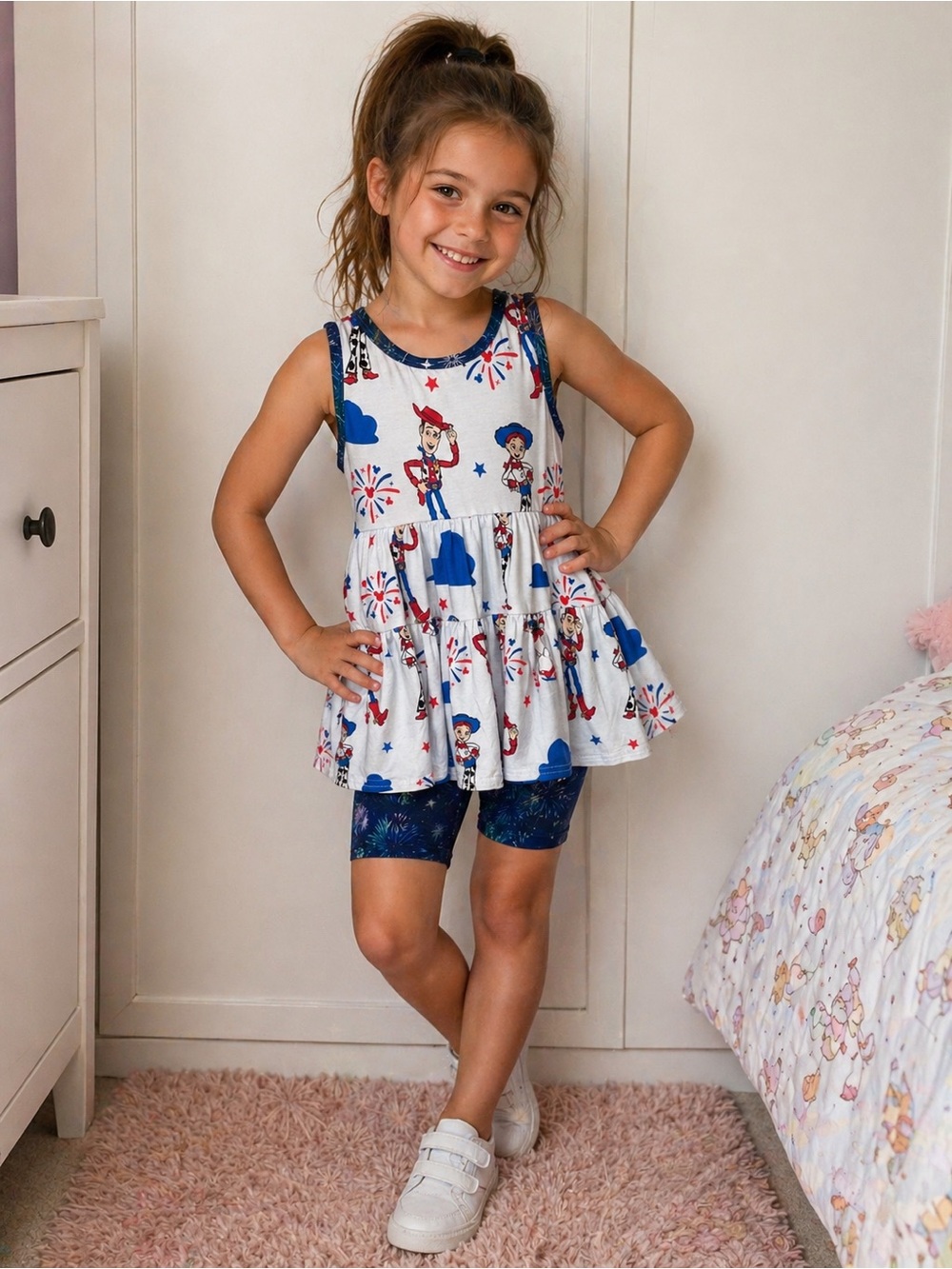 BAMBOO peplum Top and biker shorts set with Red & Blue Print